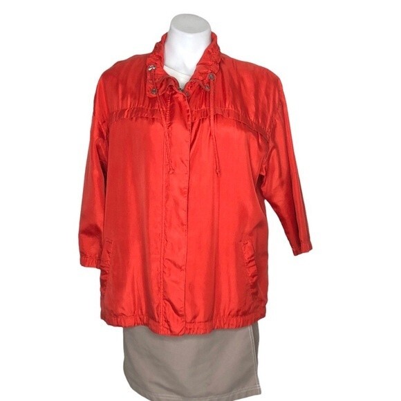 EILEEN FISHER Orange Jacket 100% Silk Zipper Snaps High Neck - Picture 1 of 9